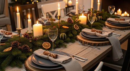 Warmly lit festive table setting with flickering candles and natural evergreen decor creates a cozy holiday dining atmosphere for cherished gatherings