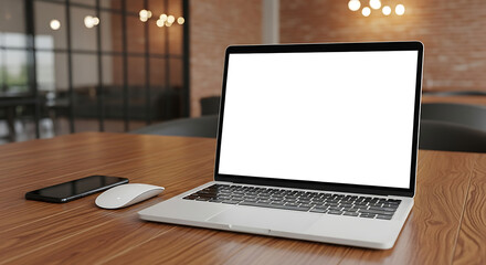 Modern silver laptop with a blank white screen mockup, placed on a wooden desk in a professional office setting