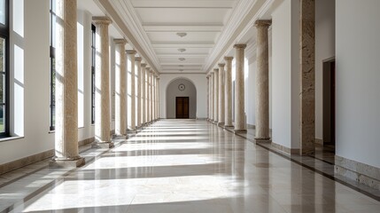 Long, light-filled corridor framed by classical columns, with a polished marble floor and a wooden door at the far end