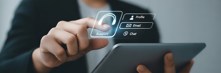 Businessman using digital tablet and touching virtual screen with user interface, concept of digital technology, big data, internet of things, and cybersecurity