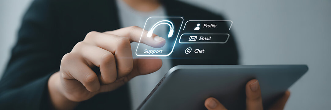 Businessman using digital tablet and touching virtual screen with user interface, concept of digital technology, big data, internet of things, and cybersecurity - Powered by Adobe