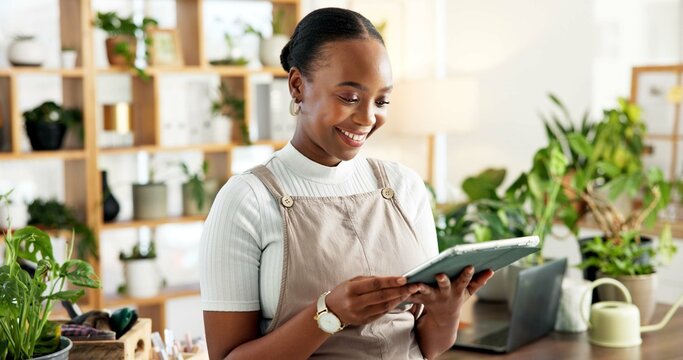 Black woman, happy florist and tablet for small business, inventory or online order for ecology. Plant shop, technology and person in office for stock, sales or review info in sustainable nursery - Powered by Adobe