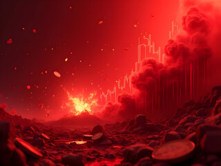 Photorealistic red cryptocurrency crash visualization with plummeting charts, exploding digital coins, and devastating bear market signals on blood-red gradient background