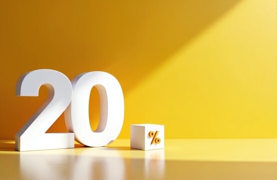 White 20 percent discount promo concept on yellow backdrop. Promotion sale banner for marketing campaign. Limited time deal event template. Great offer for shopping discounts on retail stores.