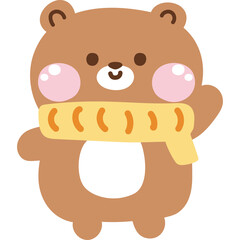 Cute cartoon brown bear wearing a yellow scarf and pink cheeks waving hello with a transparent background