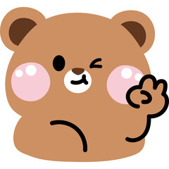 Cute cartoon brown bear winking and showing peace sign with pink cheeks on transparent background simple graphic illustration