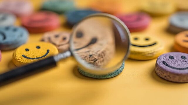 Magnified yellow smiley face among colorful happy and sad emojis on a yellow surface