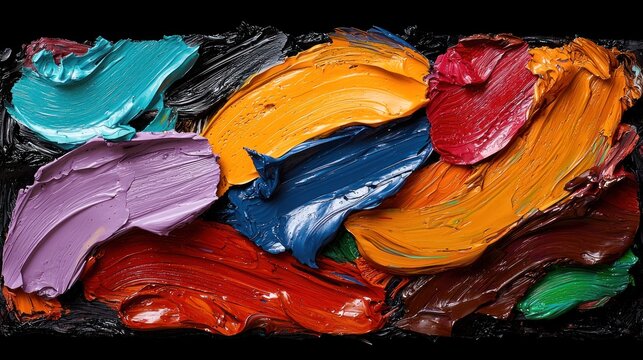 A vibrant, close-up view of textured paint strokes in various hues against a dark background, evoking artistic creativity