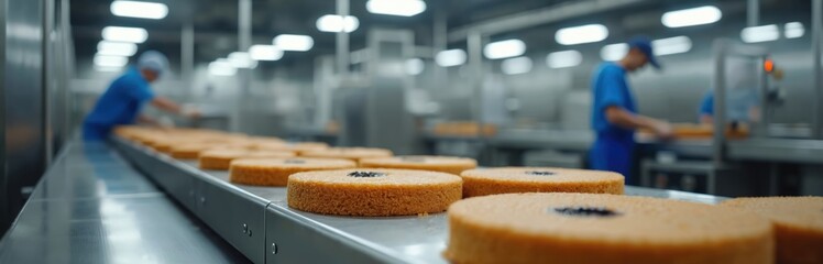 Factory workers in blue uniforms operate automated line moving round cake layers on conveyor belt. Baking process for sweet pastry production in modern food manufacturing facility. Chefs prepare