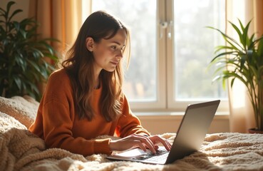 Young woman lies on soft blanket typing on laptop in sunlit room near large window. She works from home and wears an orange sweater, looks focused and calm.