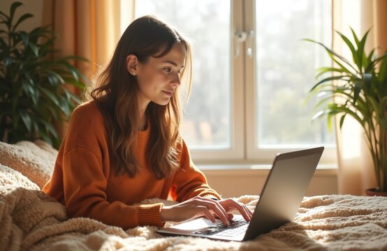 Young woman lies on soft blanket typing on laptop in sunlit room near large window. She works from home and wears an orange sweater, looks focused and calm. - Powered by Adobe