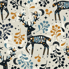 Scandinavian winter pattern. Seamless background with deers, stars, herbs. Celebration design for paper, cover, fabric, interior decor.