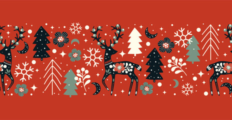 Christmas scandinavian seamless border with deers on red background. Vector illustration