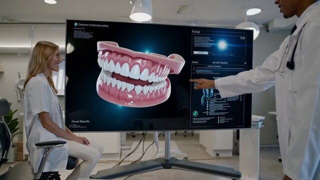 Doctor consultation with large dental model, caucasian female patient and black male doctor review 3D teeth rendering on high-resolution monitor in modern clinic; clinical charts and data visible,