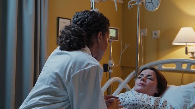 Physician offering comfort at bedside, holding patient's hand, calm reassuring tone, hospital room with soft lamp light, medical gown and monitoring equipment visible, empathetic connection, recovery