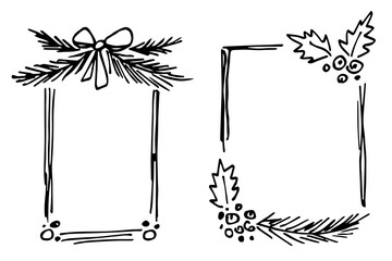 Decorative Christmas, New Year rectangular frames. Coniferous fir and pine branches, holly berry, berries and leaves, bow. Space for text. Hand-drawn vector illustration with a black outline.