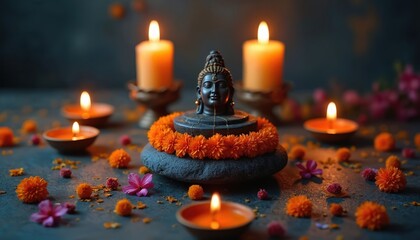 A statue of a deity is surrounded by burning candles and flowers. Traditional Indian religious objects are arranged on a dark surface creating spiritual and peaceful atmosphere.