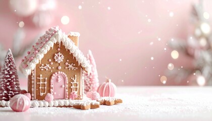 ピンクのジンジャーブレッドハウスと冬の飾りのコピースペース 4kリアリスティック
