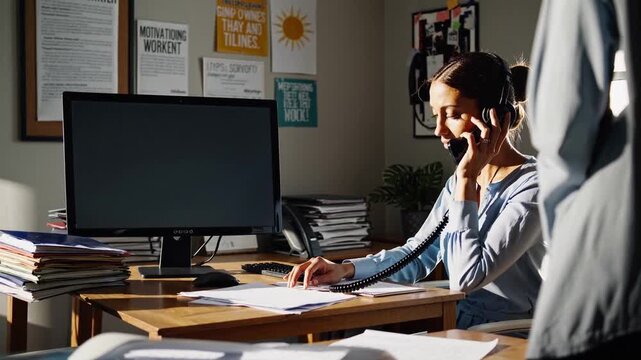 office assistant taking call at desk in sunlit workspace, computer monitor with stacks of paperwork, headset in use while colleague passes by, focused multitasking, scheduling and filing tasks, warm