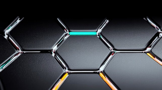 A macro shot of a textured dark surface with a repeating hexagonal pattern, featuring glowing neon lines in turquoise and orange.