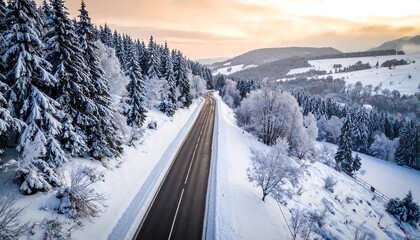 Aerial perspective of a snow-covered road winding through a winter landscape, with frosted trees and a distant mountainous view