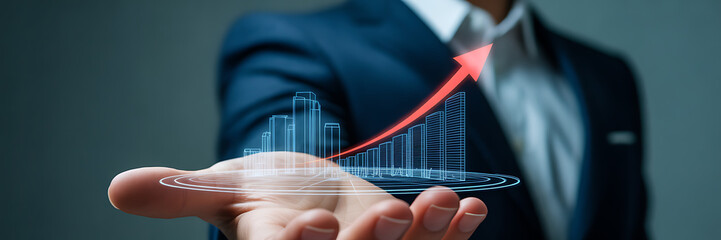 A businessman in a suit holds a holographic graph with an arrow pointing upwards, symbolizing business growth, success, and financial progress in a modern and innovative way