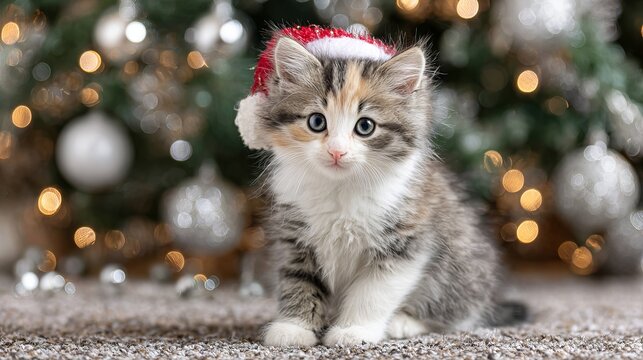 Cute fluffy calico kitten in Christmas hat sitting on floor by silver decorated Christmas tree cozy festive holiday pet portrait for greeting cards winter decor and social media - Powered by Adobe