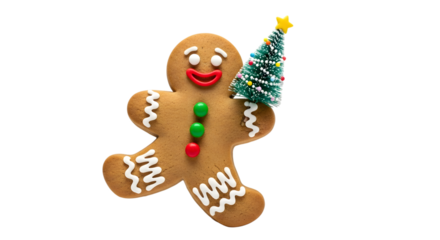 Gingerbread man holding christmas tree isolated on transparent background