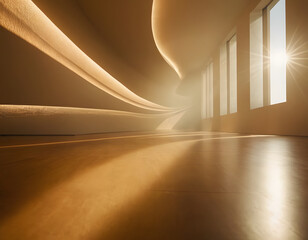 Illuminated wavy lines representing airflow or purified air move across a sunlit interior space. interior of the hotel room.