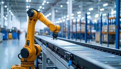 Robotic arm on conveyor belt in modern factory warehouse automation concept.