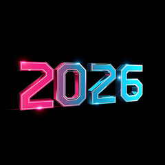 Futuristic glowing neon numbers 2026 in vibrant pink and blue against a black background