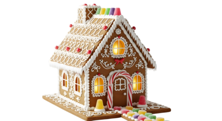 Decorated gingerbread house isolated on transparent background