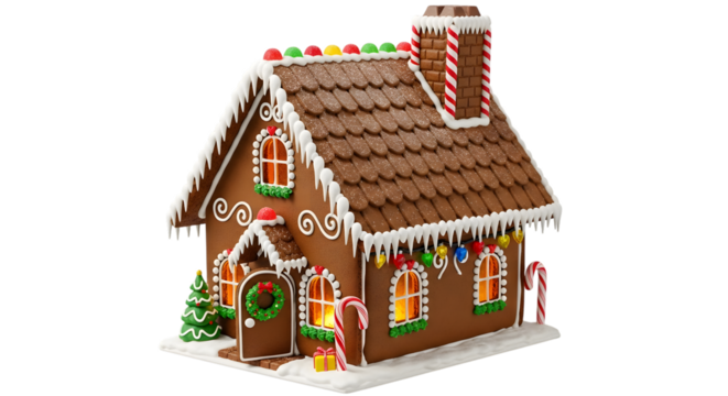 Decorated gingerbread house isolated on transparent background