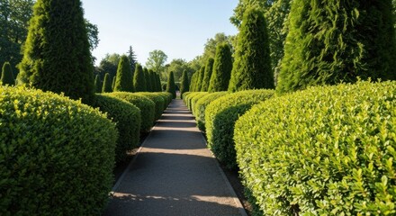 A formal garden path lined with trimmed hedges and tall trees