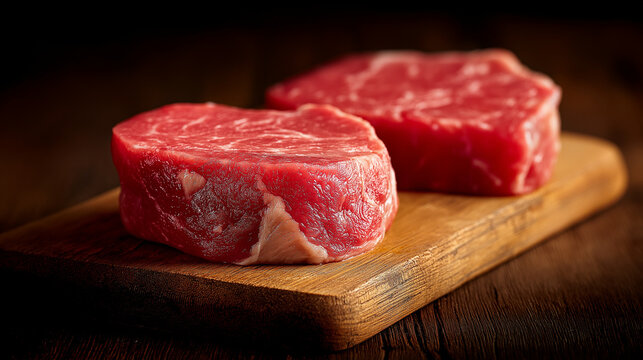 fillet. A premium raw steak on a wooden cutting board, showcasing rich marbling and culinary quality. menu design, packaging mockups, designed for culinary blogs and recipe cards for restaurants.