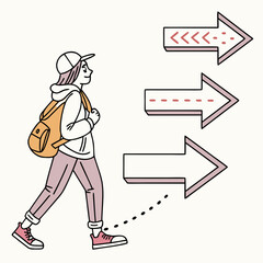 Woman walking with backpack following arrows, illustration showing direction and movement forward now
