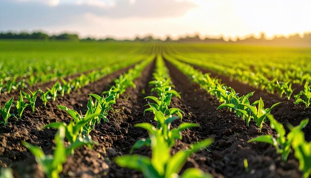 Rows of young corn plants growing in a field with agriculture concept at sunset.