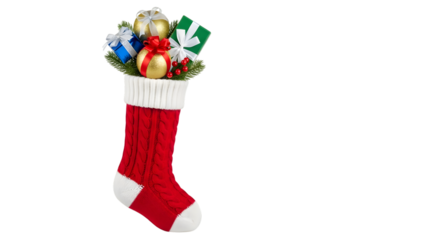 Christmas stocking filled with gifts isolated on transparent background