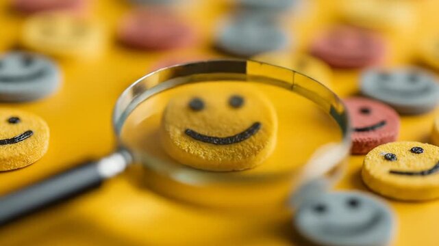 Magnifying glass focuses on a happy yellow smiley face among others