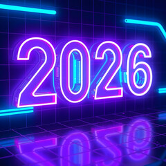 Vibrant neon glowing numbers 2026 reflecting on a dark surface with futuristic blue light streaks in the background
