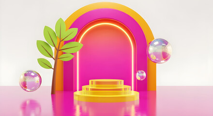 Colorful stage podium for product presentation. Bright arch and tree branch with spheres