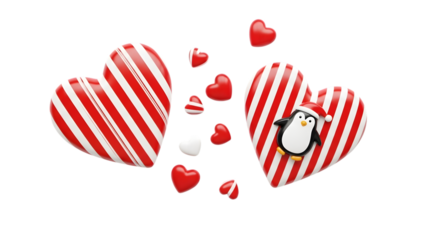 Two candy cane hearts with penguin isolated on transparent background