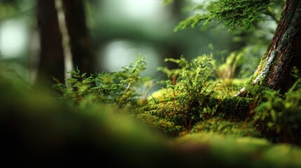 Obraz premium Mystical forest floor ambiance showcasing moss and lush vegetation close up