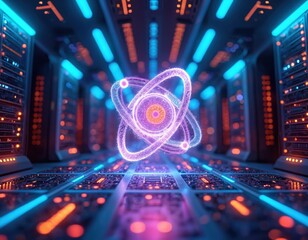 Quantum computing setup shows atomic structures with glowing circuits in tech environment. Innovative visualization of complex data processing. Cutting edge technology illustration for science,