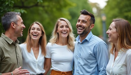 Group of friends laugh together outdoors in park. People share joke, enjoy happy moment, good time. Diverse men women, casual outfits, sunny day.