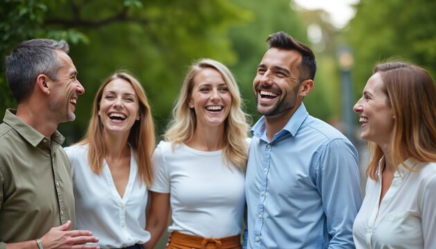 Group of friends laugh together outdoors in park. People share joke, enjoy happy moment, good time. Diverse men women, casual outfits, sunny day.