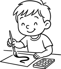 Happy young boy enthusiastically painting with watercolors at a table