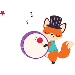 Cute cartoon fox in a top hat playing a drum with a red beater on a transparent white background with musical notes and a red star