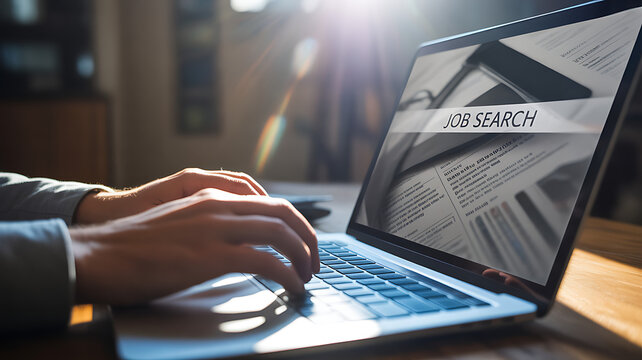 Hands typing on a laptop with a job search overlay, symbolizing online job hunting and career opportunities in the digital age