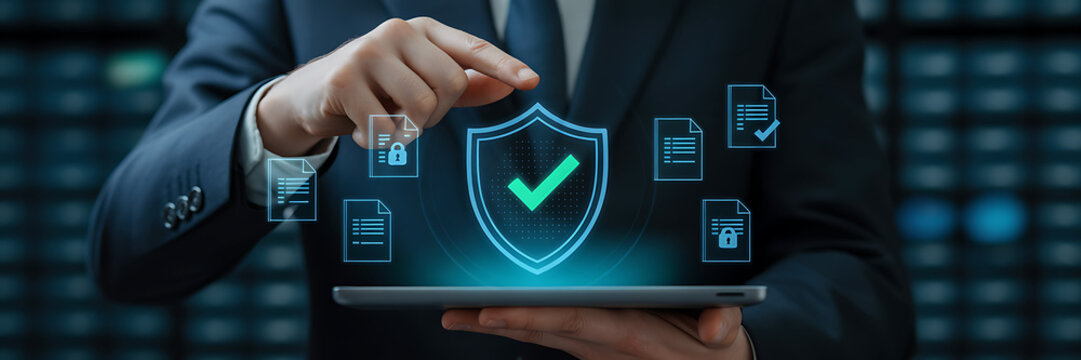 A businessman in a suit is holding a tablet with a shield and a checkmark on it, representing data protection, cybersecurity, and privacy in the digital age